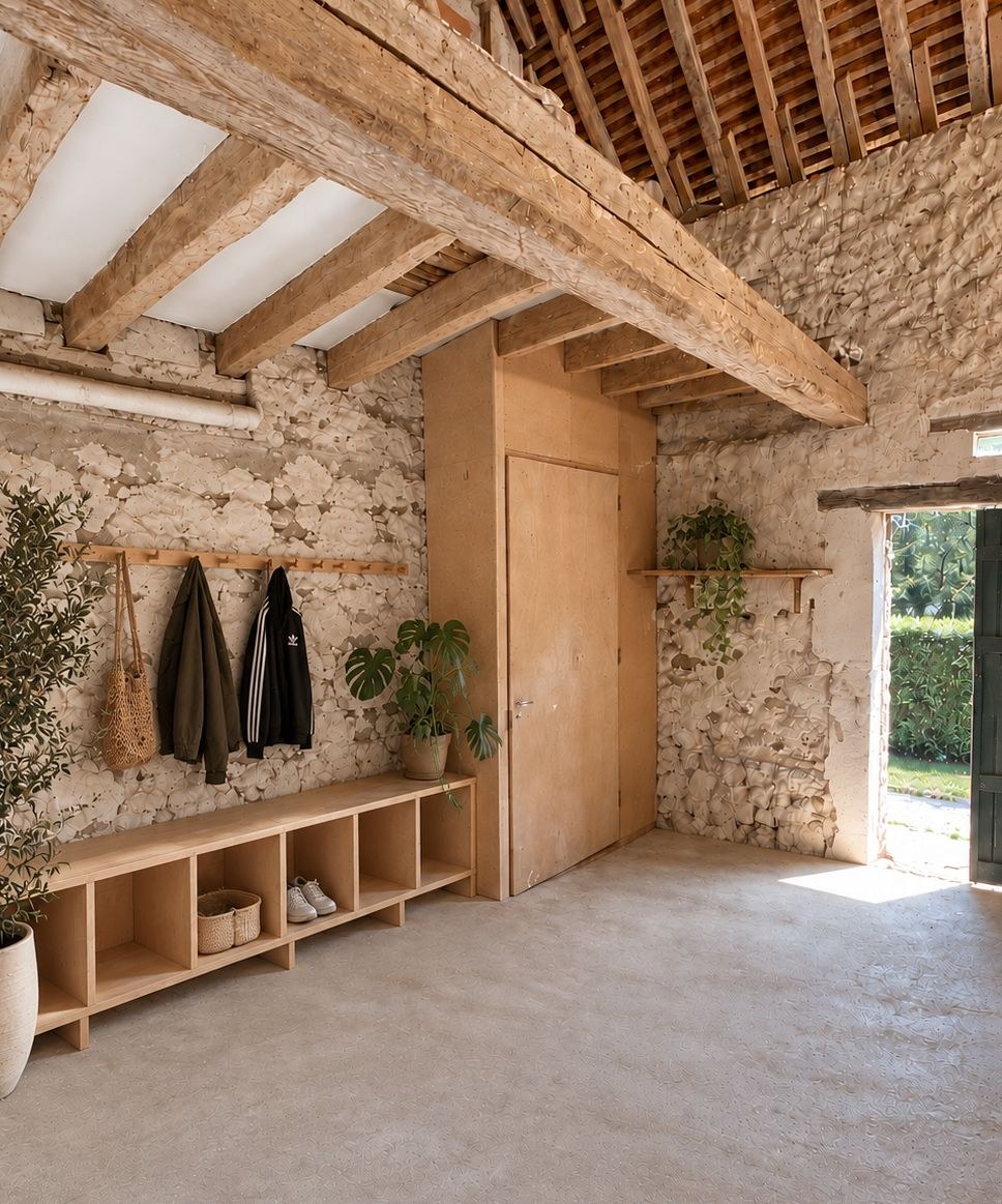 Vestiaire de la salle HYROX dans la grange de Kaskad Maji